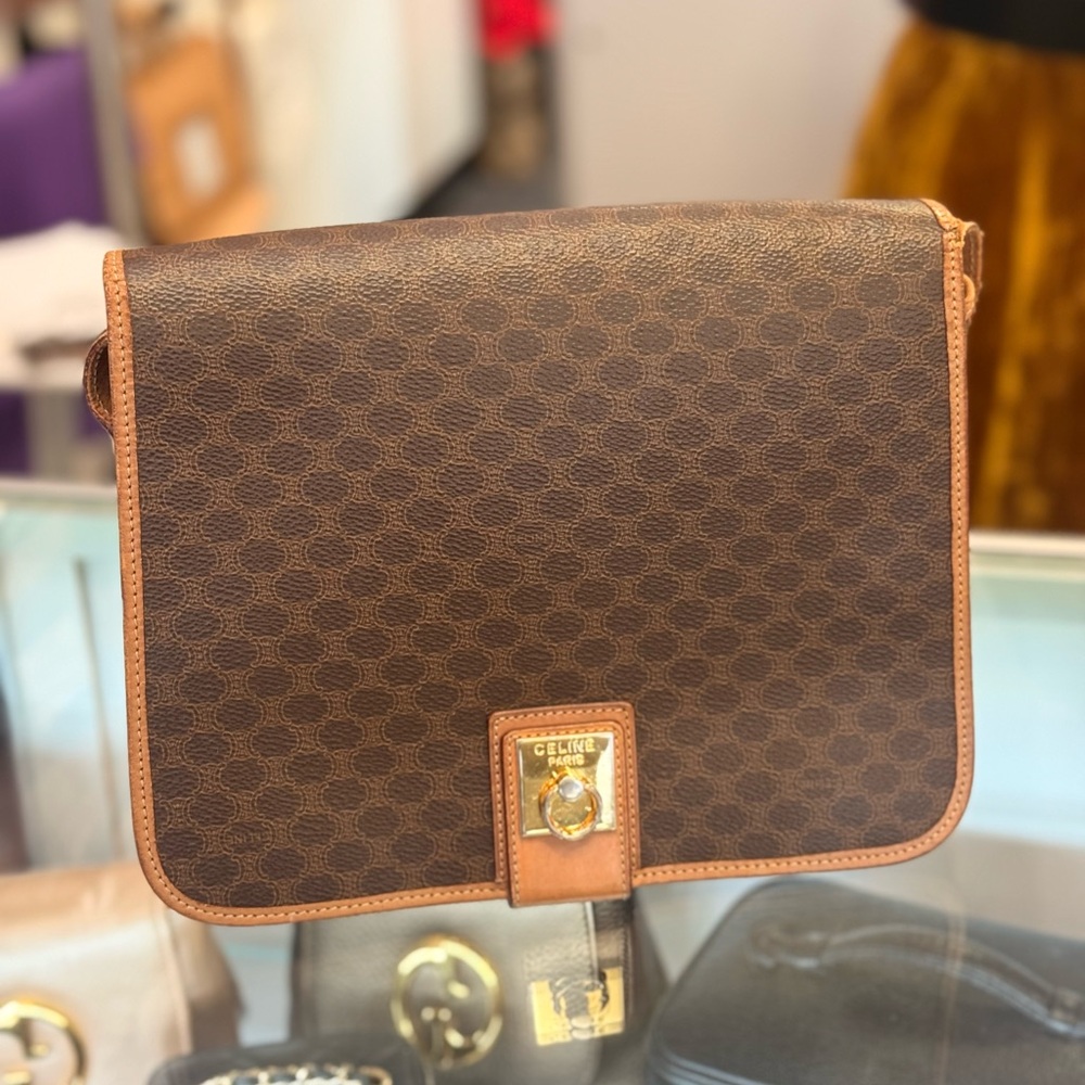 Celine Brown Coated Canvas Cross Body Messenger